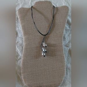 Handmade Charcoal Gray Leather & Silver Pearl Dangle Necklace